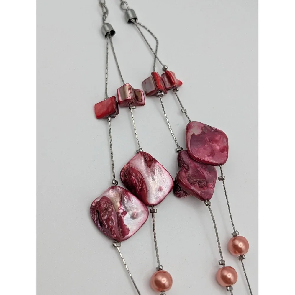 Unsigned Pink Mother of Pearl Shell Multi Strand Necklace and Earring Set Boho